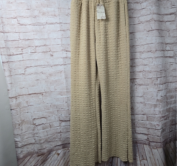 Hem & Thread Pants - Hem & Thread Beige Textured Wide Leg Pants